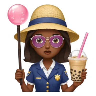 A Angry Teen Female with Dark skin and Bald, oval face, wearing a Uniform outfit, a Sunhat, Sunglasses, carrying a Enchanted staff, working as a teacher, while drinking Bubble tea and reading a Comic.
 sticker