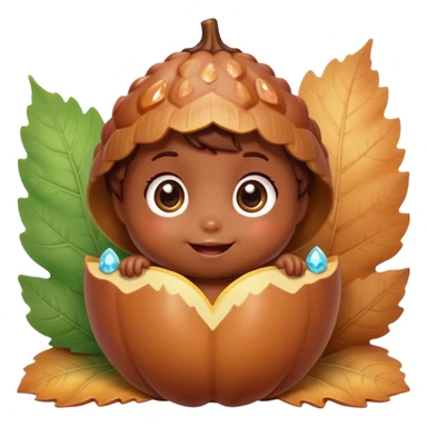 Cinematic tiny happy acorn, glossy brown, soft glowing highlights, tiny adorable face with big sparkly eyes, sitting on a pastel leaf, warm and cheerful. sticker