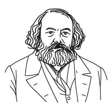 Hand-drawn black outline portrait of Mikhail Bakunin with expressive lines, no fill, transparent background, focusing on facial features and beard. sticker