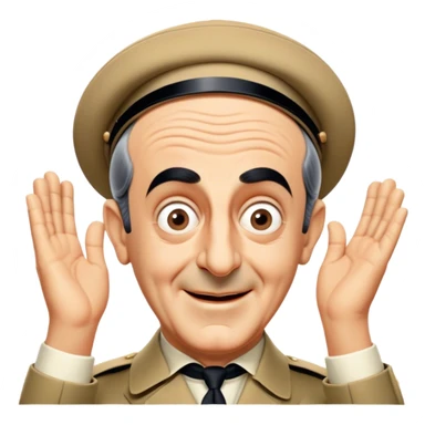 Icon for Comedy Movie: A vintage movie poster-style design with a humorous scene—Louis de Funès in his iconic comedic pose, exaggerated facial expression, and wide-open eyes. Include a slapstick element like falling over or interacting with a funny prop. Retro cinematic feel. Transparent background. sticker