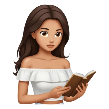 Beautiful woman in 1950’s woman fashion look, off-shoulder white shirts crop top, long dark brown hair, reading sticker