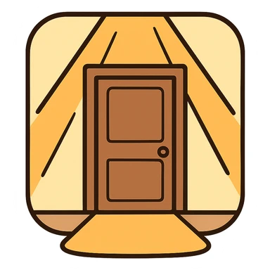 icon for '입구 위치가 눈에 잘 띄었어요' with a door with spotlight or rays drawing attention to it, showing very visible entrance, clean minimal style sticker