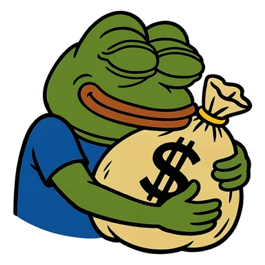 Pepe the Frog hugging a large money bag, content face sticker