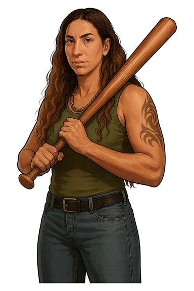 Create an image of CJ from GTA San Andreas in the GTA5 art style. The character should be holding a baseball bat and have a streetwise look. The character must resemble the person in the provided reference photos. The background should be removed (transparent). sticker