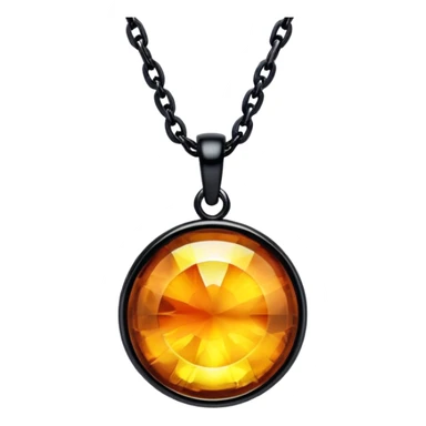extreme close up of a round cut holographic amber charm with black findings and black chain sticker
