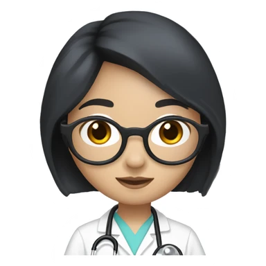 Asian girl, with white skin tone, black hair, wearing silver round harry potter glasses and a white scrub and a stethoscope  sticker