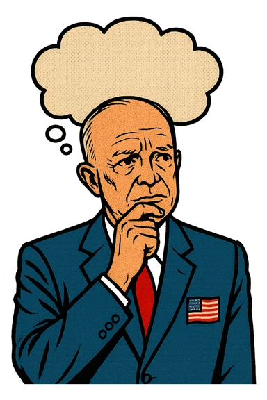US President Eisenhower facing forward thinking about something.  He is wearing a blue suit with the US flag badge on his chest sticker