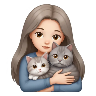 A long-haired girl hugs a British shorthair cat with a brown and white gradient sticker