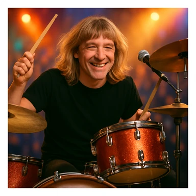 Make the male drummer look older with mature facial features and subtle signs of age, while keeping the long blonde hair on top with bangs and lively atmosphere. sticker
