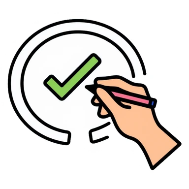 A hand with pen checking off a green checkbox inside a circular progress tracker, clean outlined style, symbolizing completed tasks and progress tracking sticker