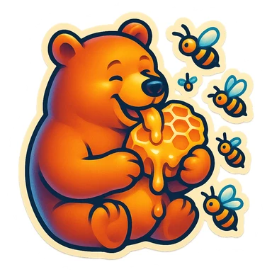 bear eating honeycomb with bees flying around sticker