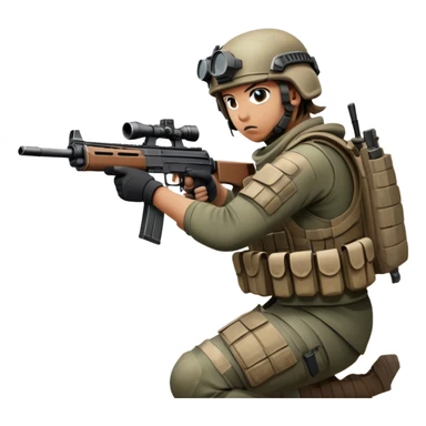 A skilled airsoft player in tactical gear, aiming a gun and shooting metal BBs in a desolate, ruined landscape. The setting is filled with broken walls and debris, creating a tense atmosphere of strategy and precision in a high-stakes tactical environment sticker
