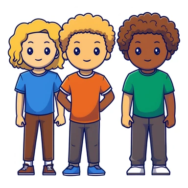 Group of diverse friends standing together, including a dark-skinned boy, a light-skinned blonde boy, a light-skinned girl with dark hair, a mixed-race girl with brown hair, a light-skinned person with curly hair, a mixed-race person with dark curly hair, and in the center a mixed-race person with wavy hair sticker