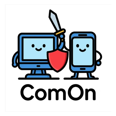 A computer and a phone depicted as allies or fighters for the ComOn service, working together seamlessly sticker