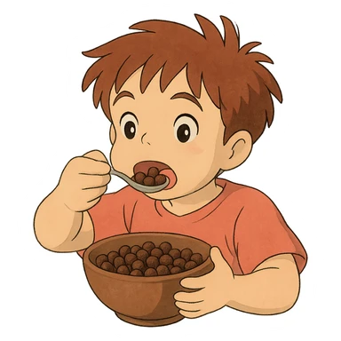 ghibli style kid eating a bowl of chocolate cereal, no background sticker