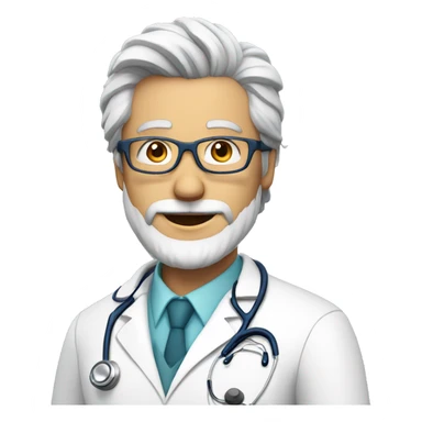 doctor with glasses, gray hair and beard with white coat and stethoscope sticker