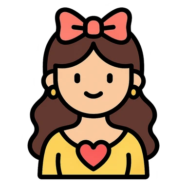 coquette, elegant, with a heart-shaped detail, gentle smile, color icon style sticker