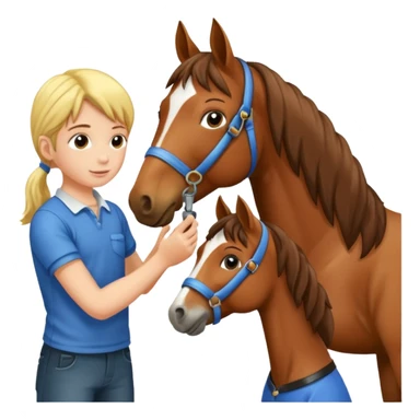 two children grooming a horse] sticker