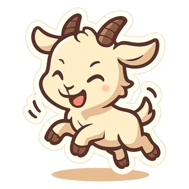 chibi goat, mischievous, jumping, little horns, energetic pose, simple background sticker