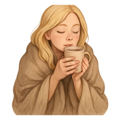 blonde girl cozy in a blanket, sipping coffee, eyes closed, enjoying warmth sticker