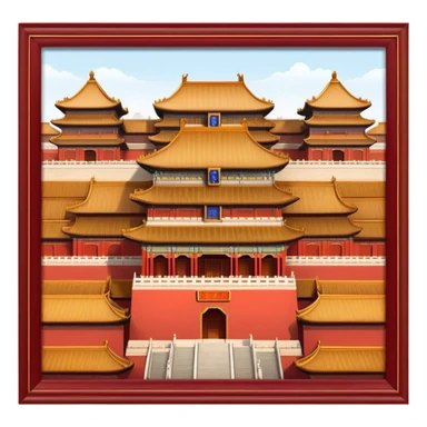 Cinematic Realistic Forbidden City Landmark Emoji, depicting grand imperial architecture with golden rooftops, vast courtyards, and intricate wooden carvings, all surrounded by towering red walls. sticker