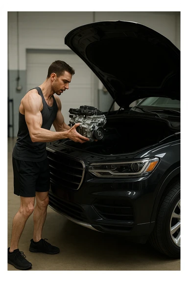 a lean, slimmed-down bodybuilder in gym clothes stands beside a large, imposing car (like an SUV or luxury sedan) with the hood open. Con attenzione e un po’ di fatica, solleva e installa un piccolo motore nel grande vano motore dell’auto. Il contrasto tra la stazza dell’auto e la dimensione ridotta sia del motore che del bodybuilder è evidente. L’atmosfera è riflessiva e simbolica. sticker