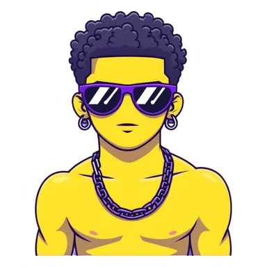 shirtless male athlete with white skin and moderately curly black hair on top with shaved sides, wearing purple sunglasses with black tinted lenses and a plain black chain necklace without pendant sticker