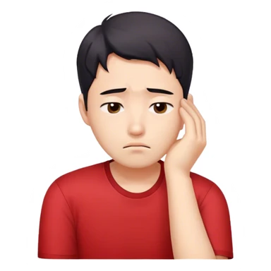 A worried white skib Korean man in a red shirt, resting his head on one hand sticker