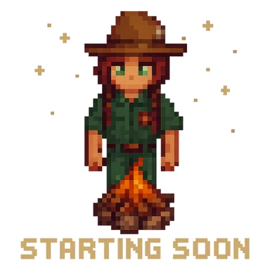 Add animated elements such as a crackling campfire, blinking character eyes, or twinkling stars, in pixel art Minecraft Twitch starting soon style. Preserve transparent background in pixel art style. sticker