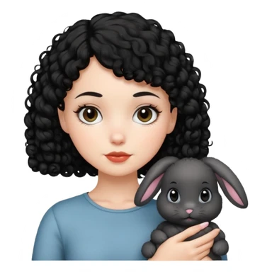 White girl with a short black curly hair and a black bunny sticker