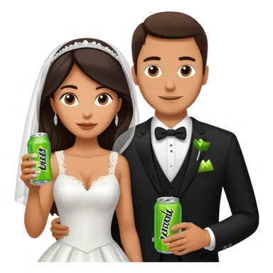 mexican wife in white wedding dress and white husband in wedding suit holding monster energy drink sticker