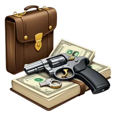Icon for Action & Crime Reading: open book with text and picture, with a silhouette of a gun, a bag of money, and a police badge on the pages. Surrounding elements include a pair of handcuffs, a briefcase, and scattered bullet casings. Transparent background. sticker