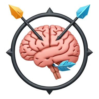 Minimalistic flat vector icon, iOS style, thin black contour on white background. Human brain with two arrows in a circle around it, symbolizing thought change. No text, no shadows. sticker