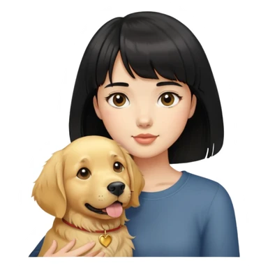 A girl with short black hair and bangs holding a golden retriever sticker