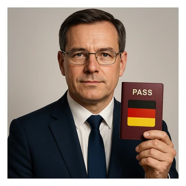 realistic portrait of a trustworthy and official looking person with a passport and German flag, app icon style sticker