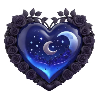 3D emoji gothic heart, midnight blue glass, silver crescent moon, tiny black roses, shimmering stardust, swirling galaxy background sticker