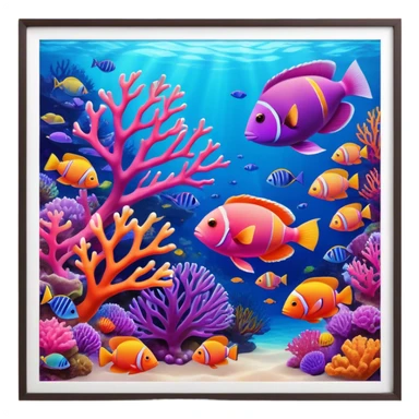 Cinematic Realistic Coral Reef Emoji in a wooden frame, Vibrant and alive, with colorful corals in hues of pink, purple, and orange, swaying gently with the underwater currents. Schools of tropical fish dart between the coral, with soft rays of sunlight piercing through the clear blue water above, creating a magical, serene underwater world. Soft glowing outline, capturing the essence of the bustling, colorful, and peaceful aquatic paradise. sticker