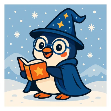 Add a snowy background behind the playful penguin wizard, keeping the fun and friendly style. sticker
