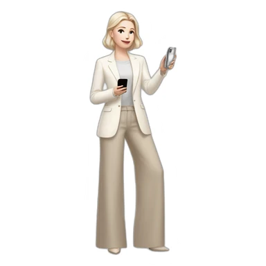 pale skin woman with ash blonde Straightened bob Hair, White Spacious classical jacket, beige palazzo Arrow pants and gray blouse holding white IPhone 14 pro in the hands sticker