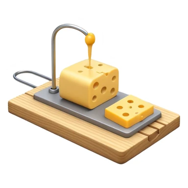 A 3D emoji in iOS emoji aesthetic style of a small mousetrap on a wooden base with a tiny gray mouse approaching a small piece of yellow cheese on it, minimal white background, bright lighting, clean and glossy Apple-style design sticker