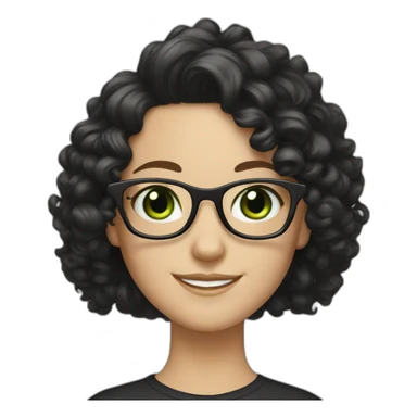 white girl with black long curly hair and green eyes smiling and big rectangle glasses sticker