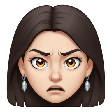 angry girl with long dark brown hair, grey eyes, nose earring on right, pierced ears sticker