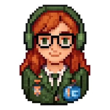 Add glasses to the female recruiter in a cute 8-bit pixel art style. Keep the headset and YC badge visible. Focus on shoulders and above only, with no background. sticker