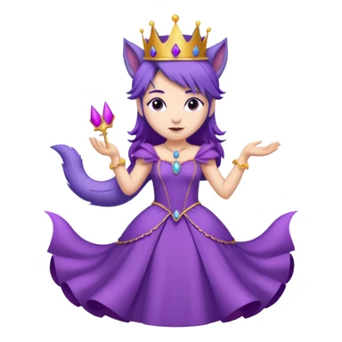 A princess wearing a purple dress and crown with purple hair and purple wolf ears and purple wolf tail character. doing different actions against a white background And make a gap between each illusion sticker