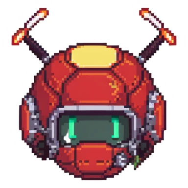 Red bomberman character, round helmet with antenna, fiery design elements, determined expression, pixel art style sticker