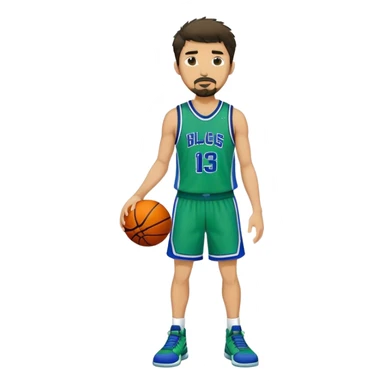 Full Body white male basketball player with short dark shaggy hair and goatee wearing green and blue uniform sticker