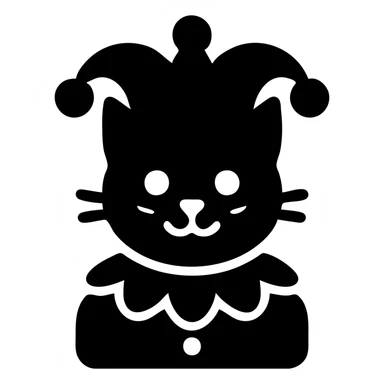 crazy cute little cat jolly joker from poker, medieval, vintage, court jester, mac os icon, purple, gold and red color, head + torso. Squared shape as 3D mac os system icon, symmetrical sticker