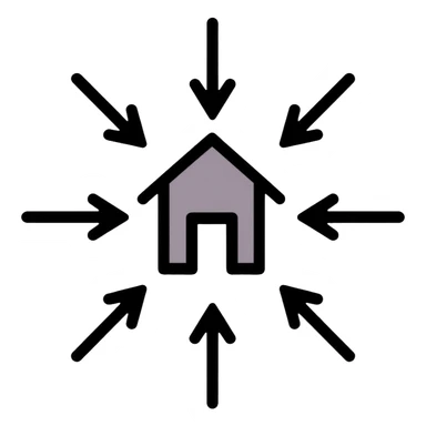 House with multiple arrows pointing inward from all directions, symbolizing environmental influence on behavior sticker