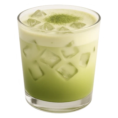 Add realistic ice cubes inside the matcha latte, keep the cute green-to-milk gradient and transparent cup, no background. Maintain the delicate and cozy look with a smooth gradient and transparent cup appearance. sticker