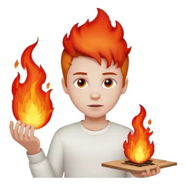 A boy with no hands fire instead made out of red fire and the boy is wearing a white shirt that has a sign that says FIRE CREATOR  sticker